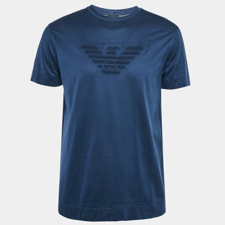 Pre Owned Emporio Armani Navy Blue Logo Embroidered Jersey T-Shirt XL