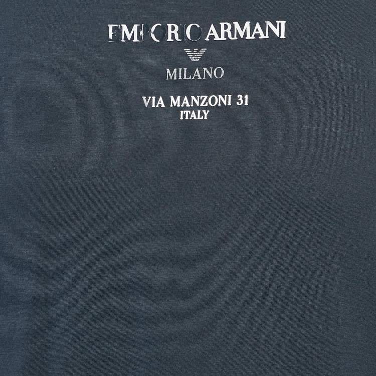 Pre Owned Emporio Armani Navy Blue Printed Cotton Crew Neck T-Shirt L