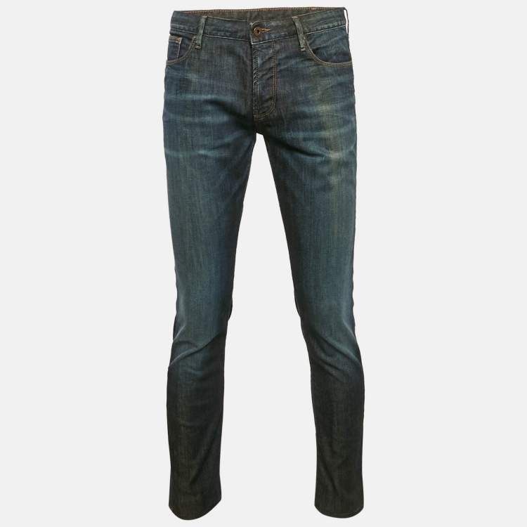 Pre Owned Emporio Armani Blue Faded Denim Skinny Jeans L Waist 34"