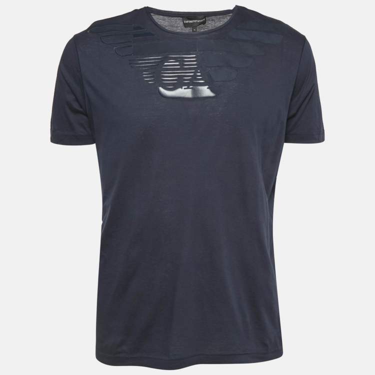 Pre Owned Emporio Armani Logo Print Navy Blue Cotton Round Neck T-Shirt XL