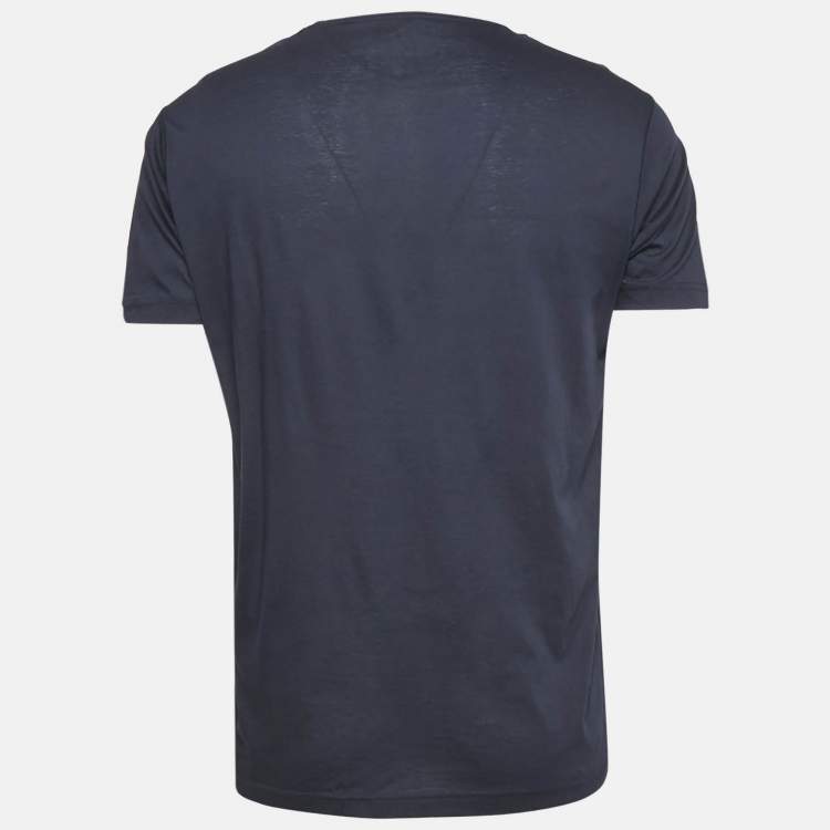 Pre Owned Emporio Armani Logo Print Navy Blue Cotton Round Neck T-Shirt XL