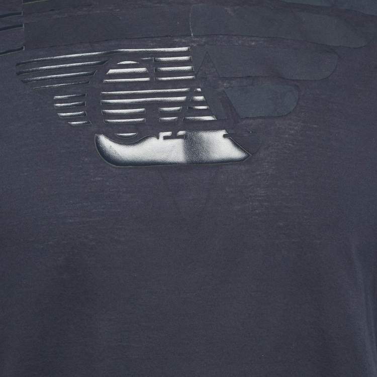 Pre Owned Emporio Armani Logo Print Navy Blue Cotton Round Neck T-Shirt XL