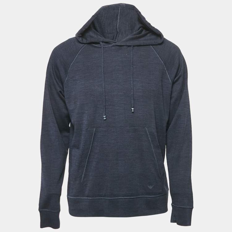 Pre Owned Emporio Armani Navy Blue Checks Jersey Hoodie L