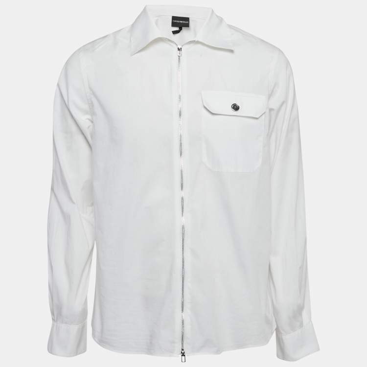 Pre Owned Emporio Armani White Cotton Zip-Up Long Sleeve Shirt L