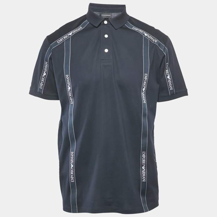 Pre Owned Emporio Armani Navy Blue Cotton Logo Tape Trimmed Polo T-Shirt XXL