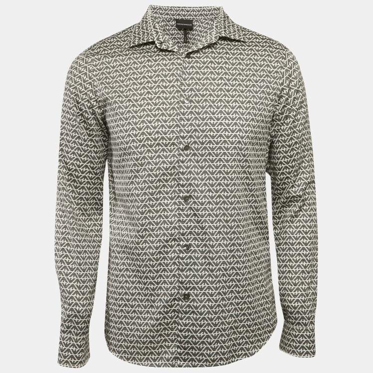 Pre Owned Emporio Armani Black Logo Print Cotton Slim Fit Shirt L