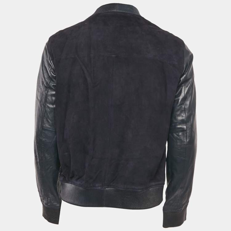 Pre Owned Emporio Armani Navy Blue Suede & Leather Zip Front Jacket L
