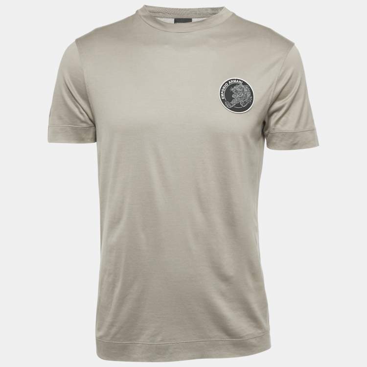 Pre Owned Emporio Armani Grey Knit Logo Patch Detail Crew Neck T-Shirt M