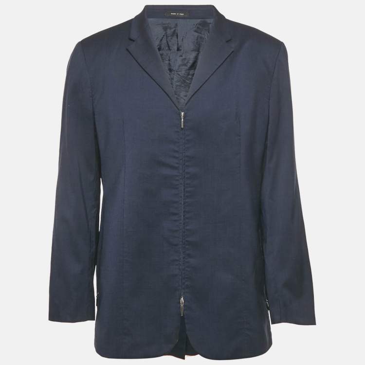 Pre Owned Emporio Armani Blue Wool Zip-Up Blazer L