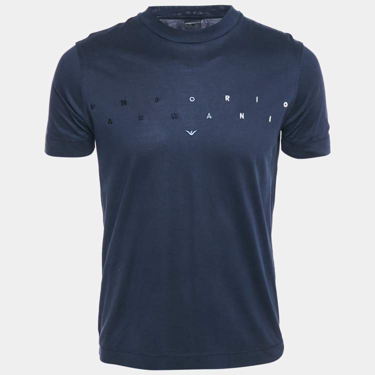 Pre Owned Emporio Armani Navy Blue Logo Embroidered Cotton Crewneck T-Shirt S