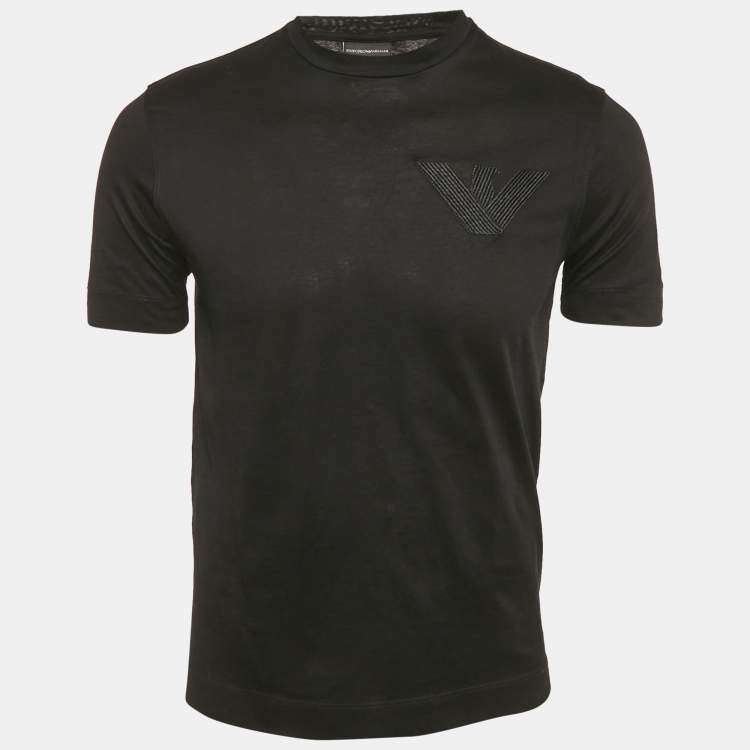 Pre Owned Emporio Armani Black Logo Embroidered Jersey T-Shirt S