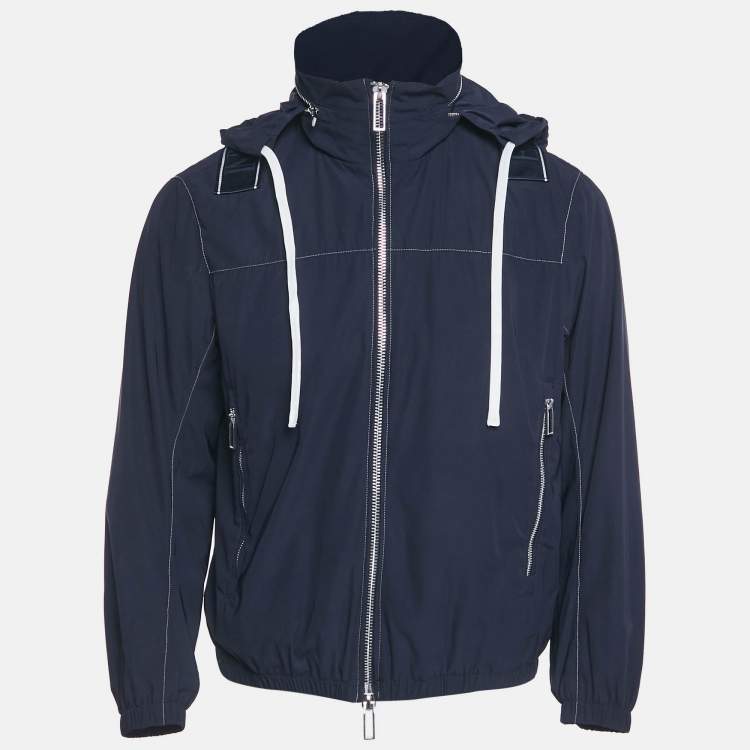Pre Owned Emporio Armani Navy Blue Synthetic Logo Band Conceal Hood Jacket S
