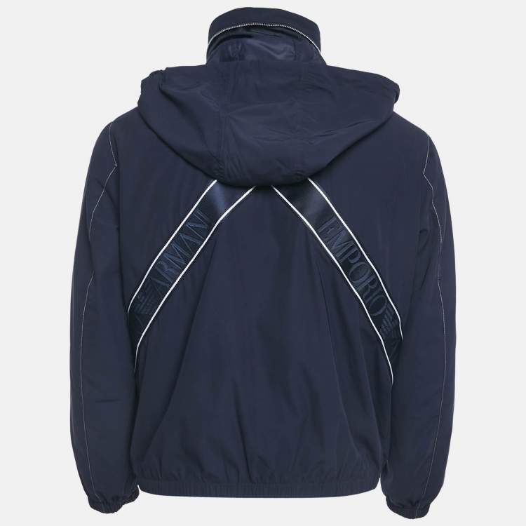 Pre Owned Emporio Armani Navy Blue Synthetic Logo Band Conceal Hood Jacket S