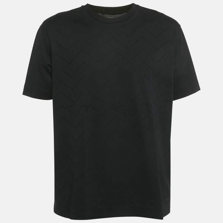 Pre Owned Emporio Armani Black Zig Zag Patterned Cotton T-Shirt XXXL 