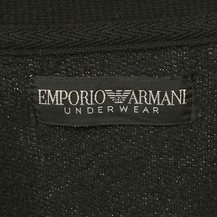 Pre Owned Emporio Armani Black Cotton Logo Print Zip Front Hoodie L