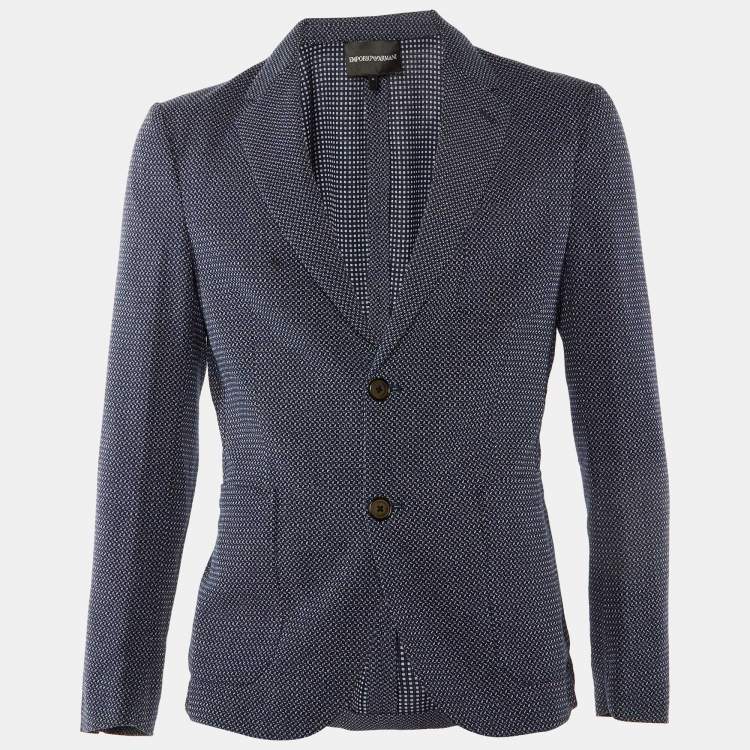 Pre Owned Emporio Armani Navy Blue Square Pattern Cotton Button Front Jacket M