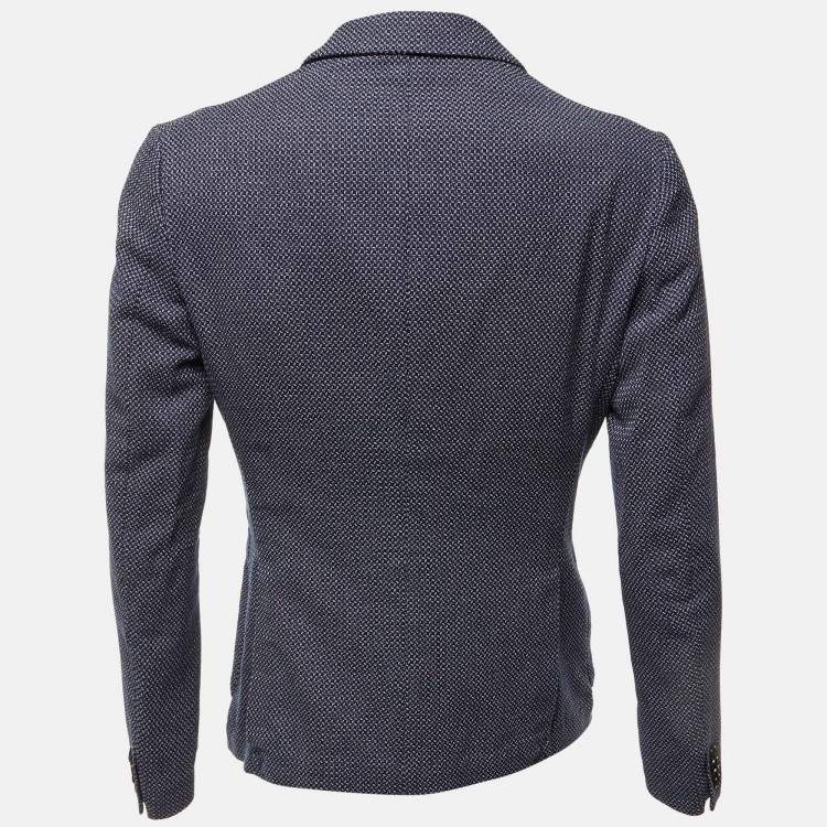 Pre Owned Emporio Armani Navy Blue Square Pattern Cotton Button Front Jacket M