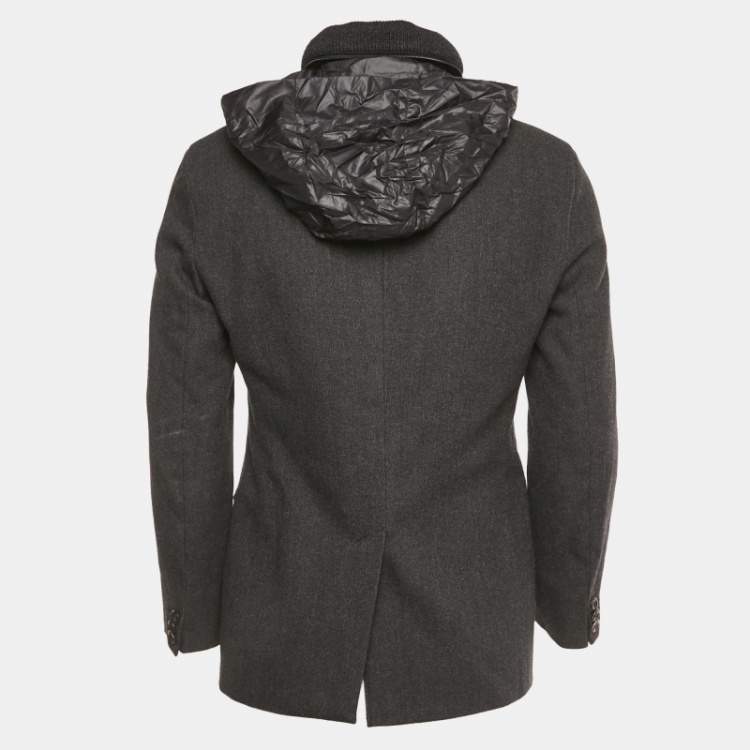 Pre Owned Emporio Armani Grey Wool & Cotton Concealed Hood Coat M 