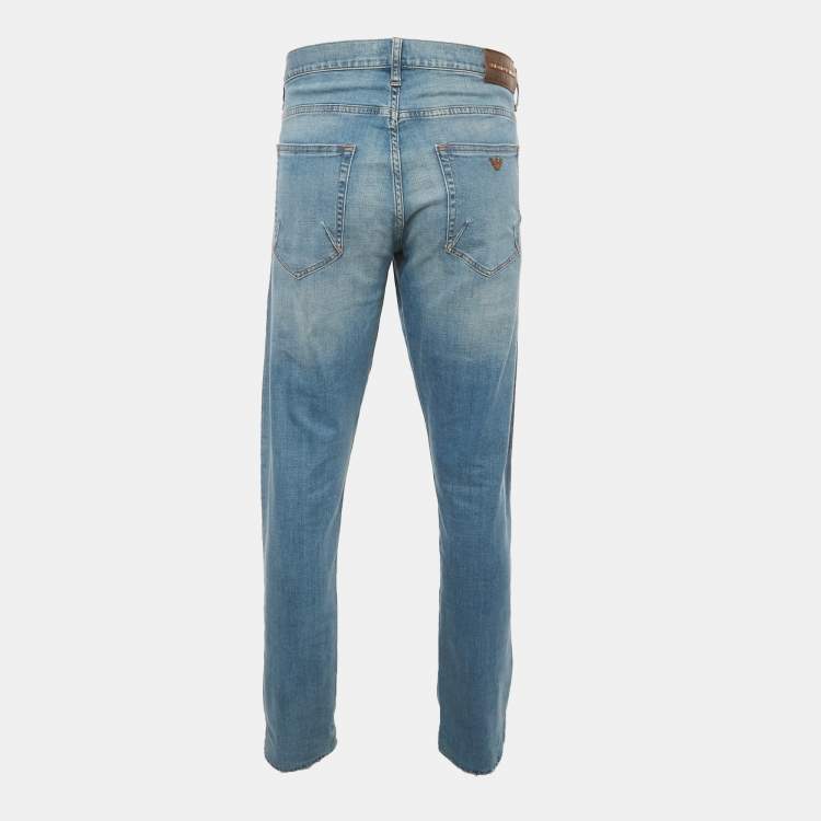 Pre Owned Emporio Armani Blue Paint Splattered Distressed Denim Regular Fit Jeans XXL Waist 40"