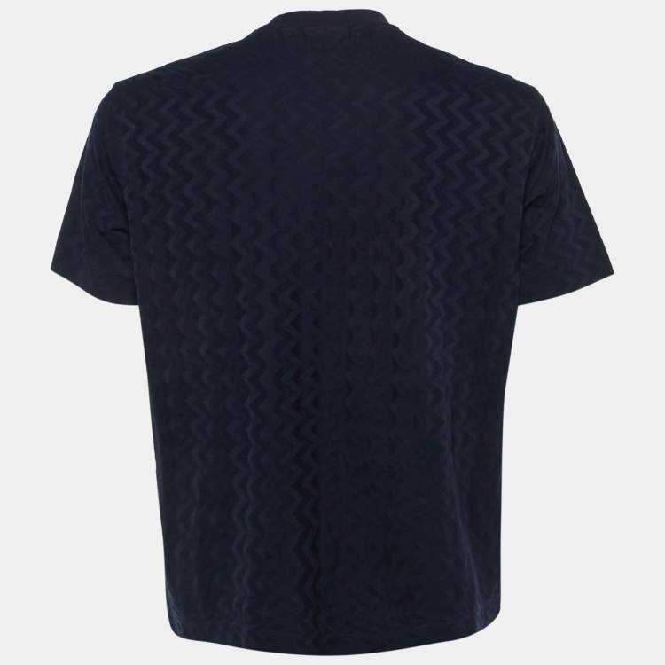 Pre Owned Emporio Armani Midnight Blue Zig Zag Pattern Cotton Crew Neck T-Shirt XL