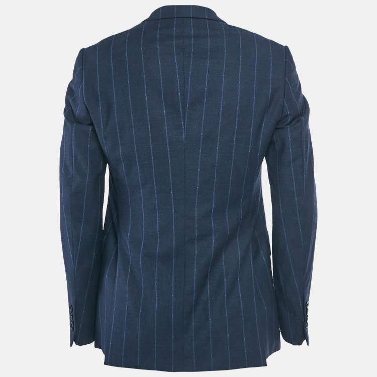 Pre Owned Emporio Armani Blue Textured Pinstripe Wool Blazer L
