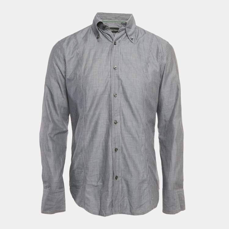 مملوكة مسبقًا Emporio Armani Dark Grey Striped Cotton Button Front Shirt S