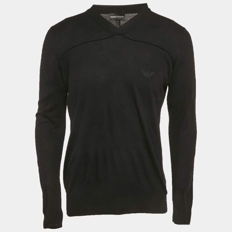 Pre Owned Emporio Armani Black Knit V-Neck Sweater M