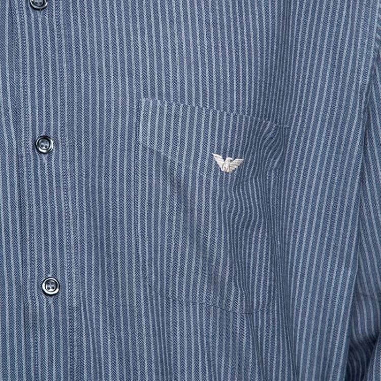 Pre Owned Emporio Armani Grey and Blue Chevron Pattern Striped Long Sleeve Shirt 3XL