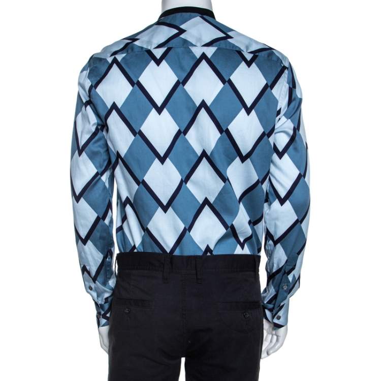 مملوكة مسبقًا Emporio Armani Blue Geometric Printed Cotton Long Sleeve Shirt M