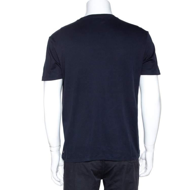 Pre Owned Emporio Armani Navy Blue Cotton Mesh Logo Detail T Shirt XL 