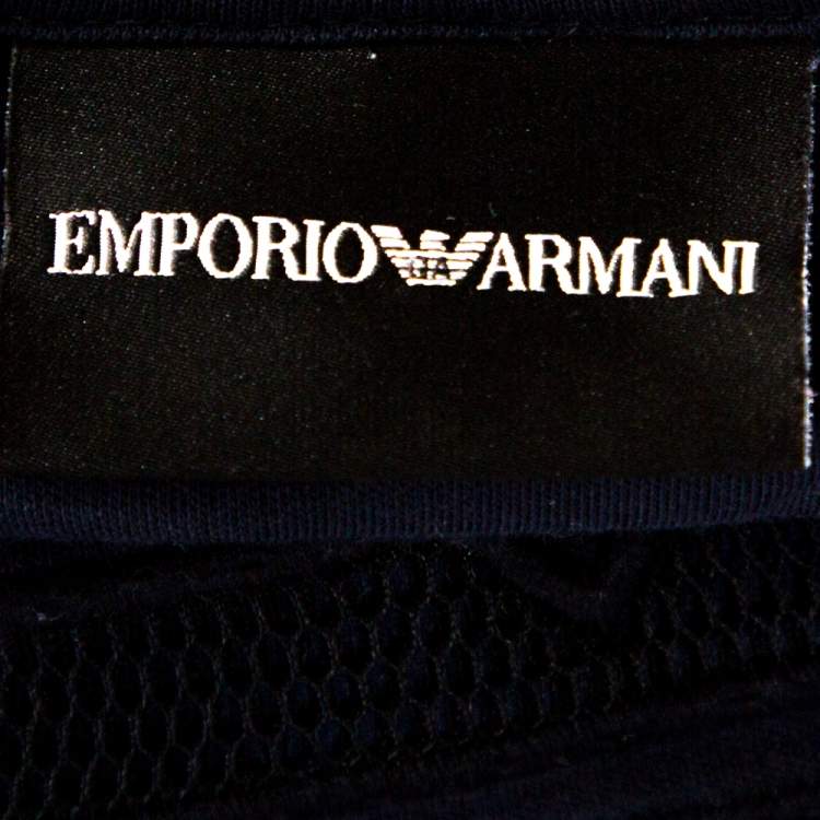 Pre Owned Emporio Armani Navy Blue Cotton Mesh Logo Detail T Shirt XL 