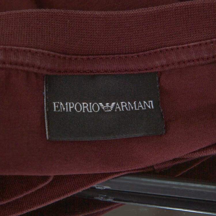 Pre Owned Emporio Armani Maroon Cotton Logo Detail Crew Neck T-Shirt L