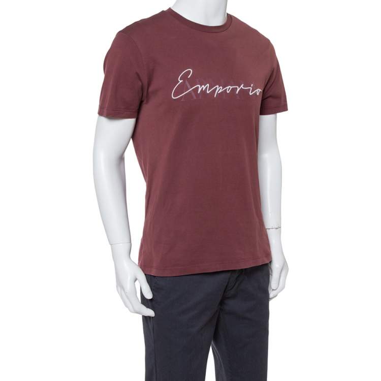 Pre Owned Emporio Armani Maroon Cotton Logo Detail Crew Neck T-Shirt L