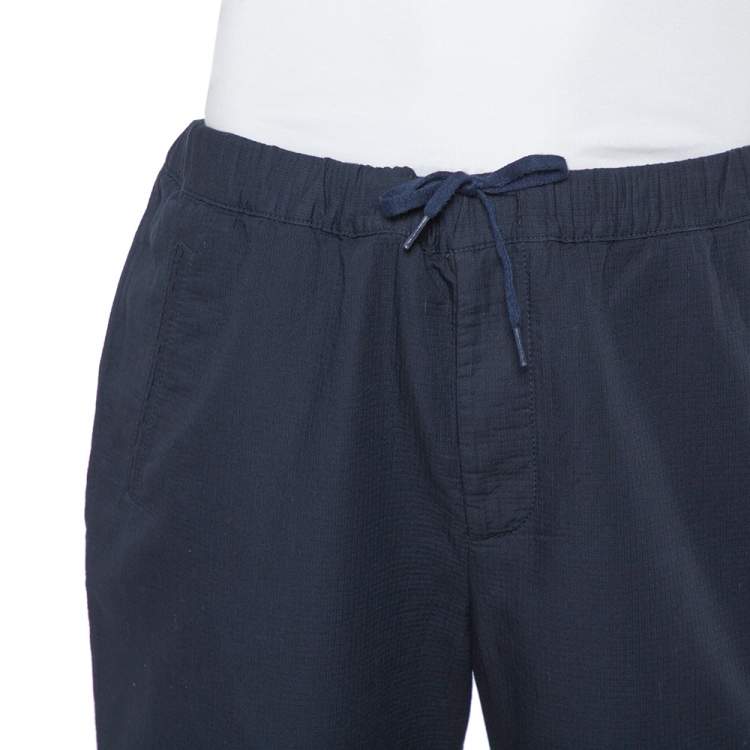 Pre Owned Emporio Armani Navy Blue Self Checked Cotton Drawstring Trousers XXL