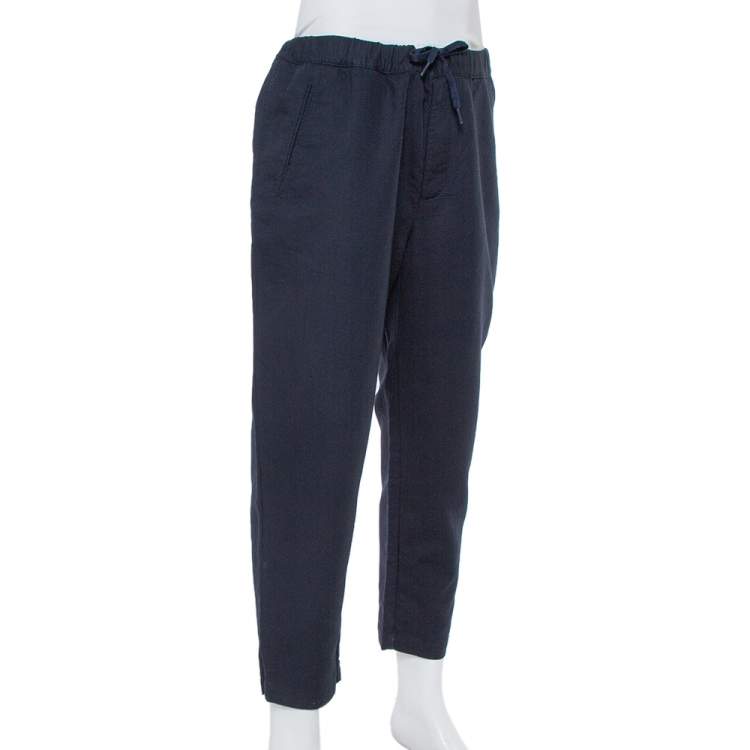Pre Owned Emporio Armani Navy Blue Self Checked Cotton Drawstring Trousers XXL