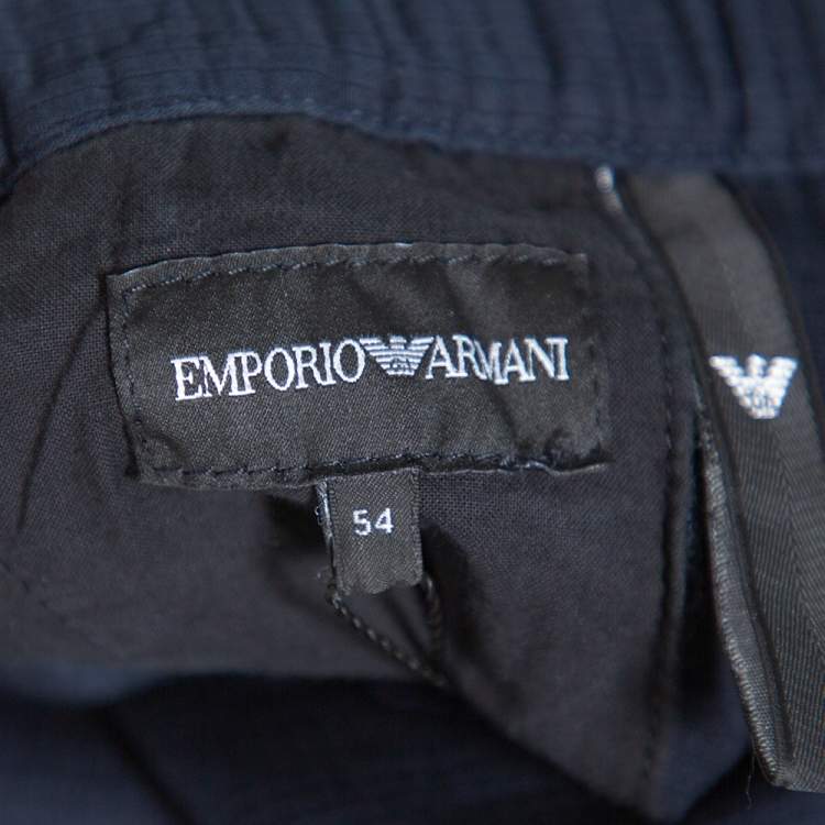 Pre Owned Emporio Armani Navy Blue Self Checked Cotton Drawstring Trousers XXL