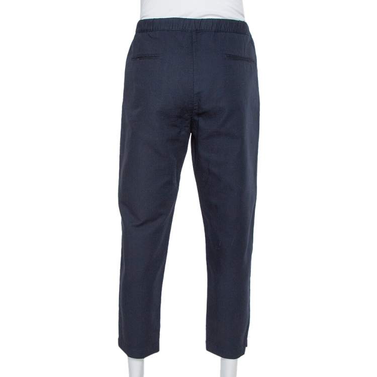 Pre Owned Emporio Armani Navy Blue Self Checked Cotton Drawstring Trousers XXL