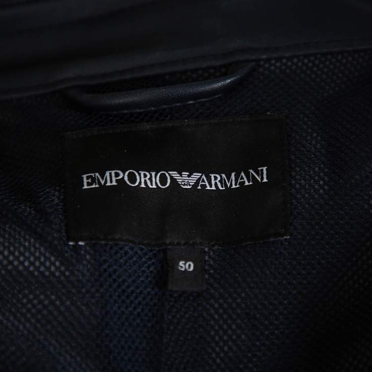 مملوكة مسبقًا Emporio Armani Navy Blue Faux Leather Hooded Zip Front Jacket L