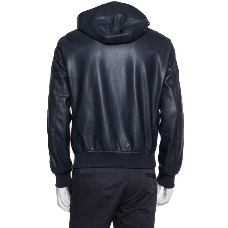 مملوكة مسبقًا Emporio Armani Navy Blue Faux Leather Hooded Zip Front Jacket L