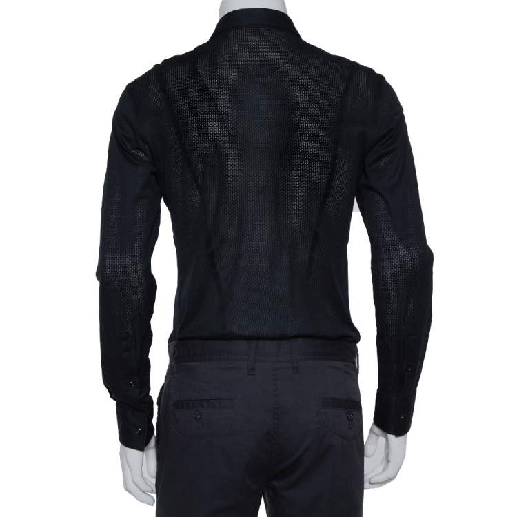 Pre Owned Emporio Armani Navy Blue Perforated Stretch Cotton Button Front Shirt M