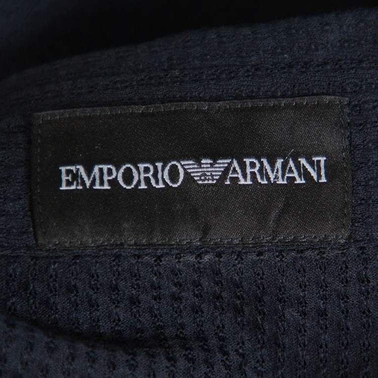 Pre Owned Emporio Armani Navy Blue Perforated Stretch Cotton Button Front Shirt M