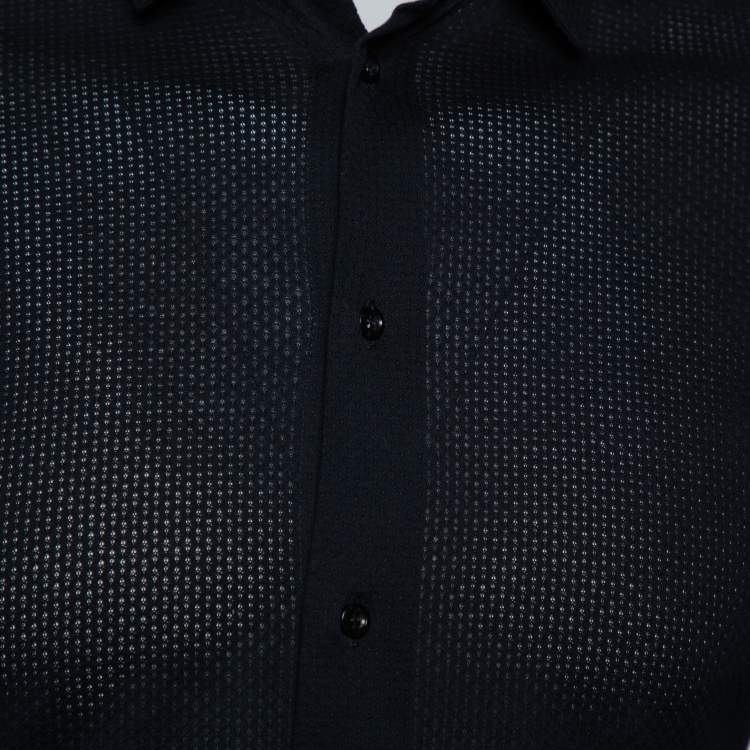 Pre Owned Emporio Armani Navy Blue Perforated Stretch Cotton Button Front Shirt M