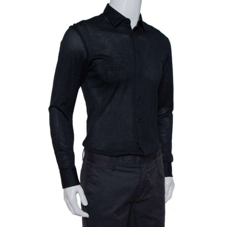Pre Owned Emporio Armani Navy Blue Perforated Stretch Cotton Button Front Shirt M