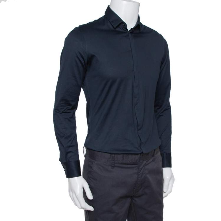 Emporio Armani Navy Blue Stretch Cotton Button Front Shirt M