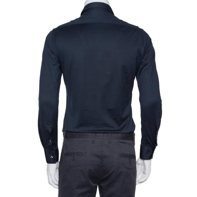 Pre Owned Emporio Armani Navy Blue Stretch Cotton Button Front Shirt M