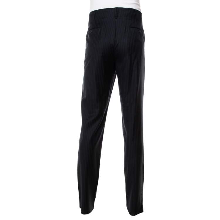 Pre Owned Emporio Armani Black Striped Wool Tapered Leg Trousers XL