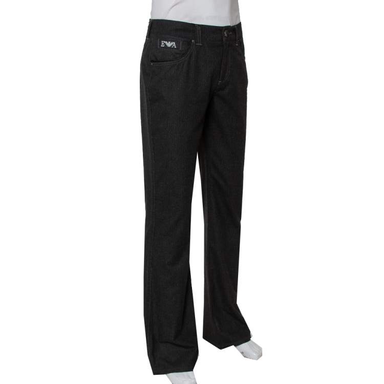 Pre Owned Emporio Armani Black Striped Straight Leg Trousers M