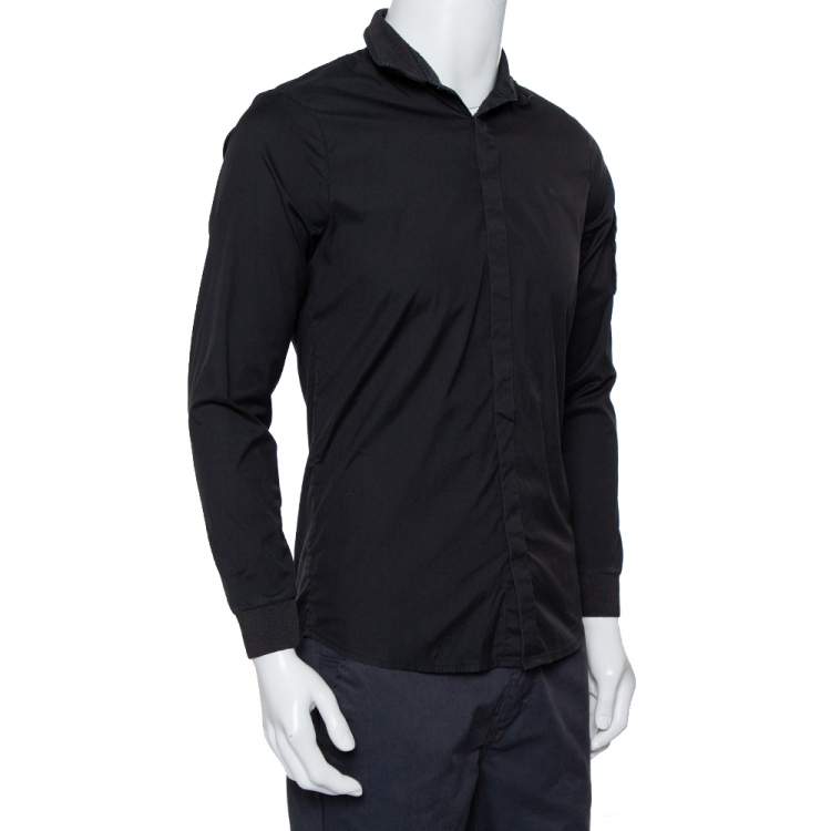 Pre Owned Emporio Armani Black Cotton Knit Trim Detail Button Front Shirt S