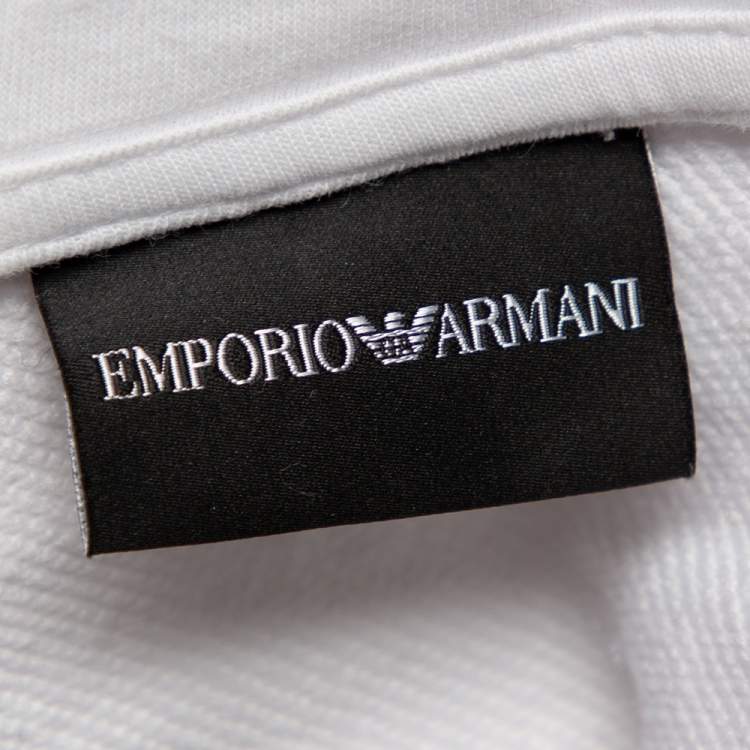 Pre Owned Emporio Armani White Cotton Logo Patch Zip Front Hoodie L
