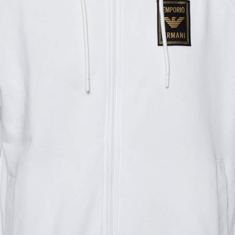 Pre Owned Emporio Armani White Cotton Logo Patch Zip Front Hoodie L